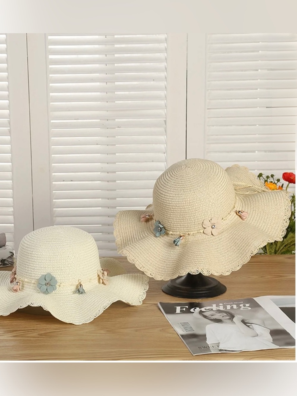 Women’s Wide Brim Floral Accent Straw/Sun Hats Cream OR White  NWT